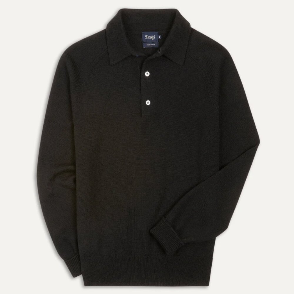 Drakes - Black Merino Wool Knitted Polo - Size M